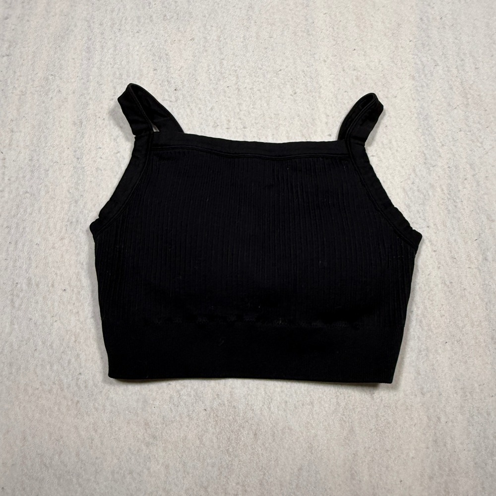 Aerie Black Seamless Ribbed Cropped Tank Top Square Neck XL
